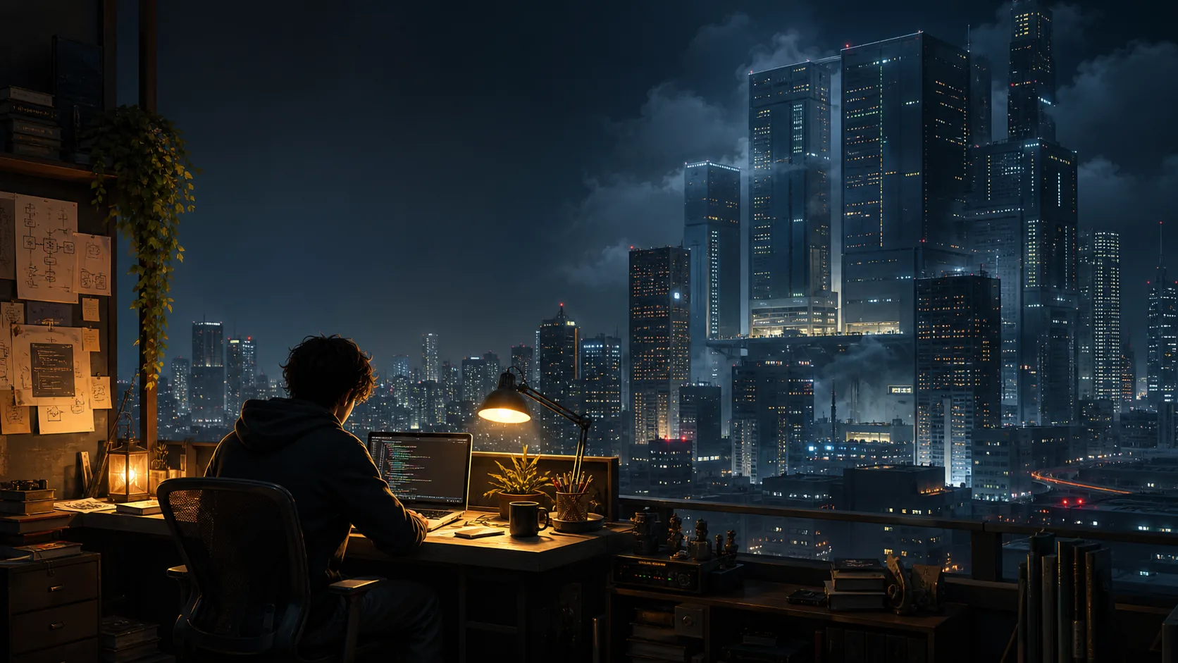 A lone developer working late at a small warm desk while enormous corporate cloud towers glow across the city skyline.