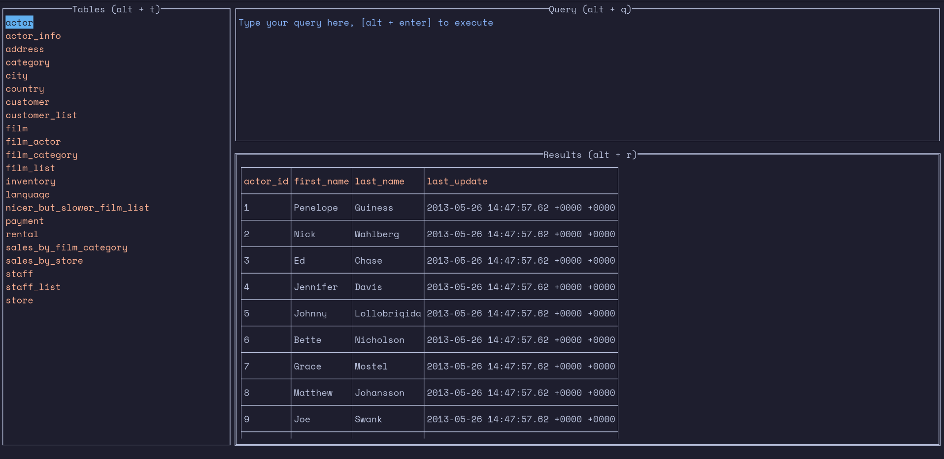 The real dbterm interface showing a table list, SQL query editor, and typed database results.